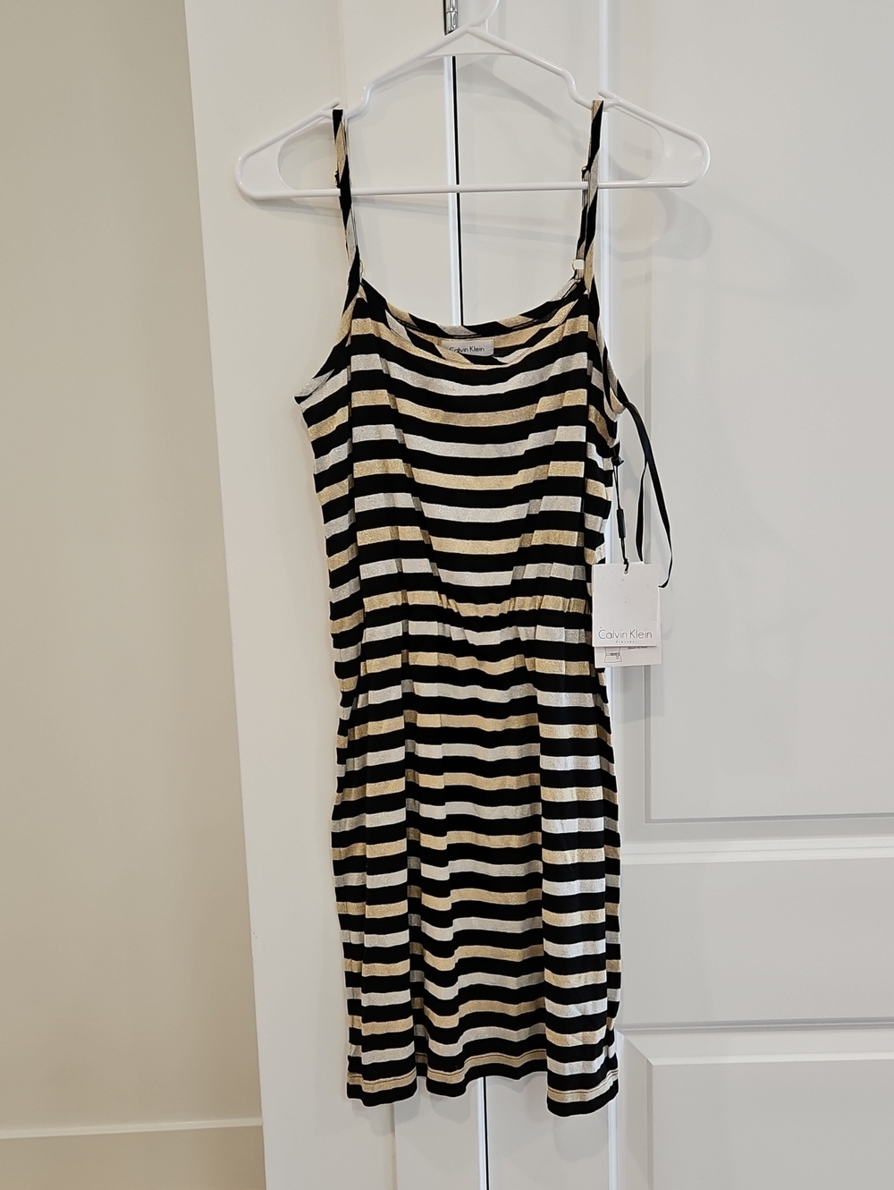 Calvin Klein Black and Cream Striped Mini Tank Dress